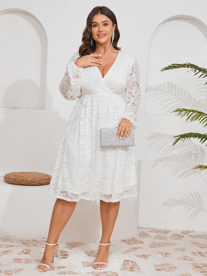 Womens Plus Size Lace Midi Dress V Neck Wrap Long Sleeve Flowy A line Cocktail Dresses for Wedding Guest – Bild 5