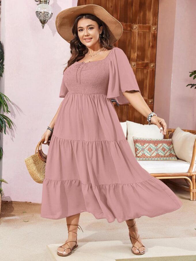 SCOMCHIC Women's Plus Size Flowy Maxi Dress Flutter Short Sleeve Boho Dress Square Neck Smocked Formal Dresses for Women – Bild 3