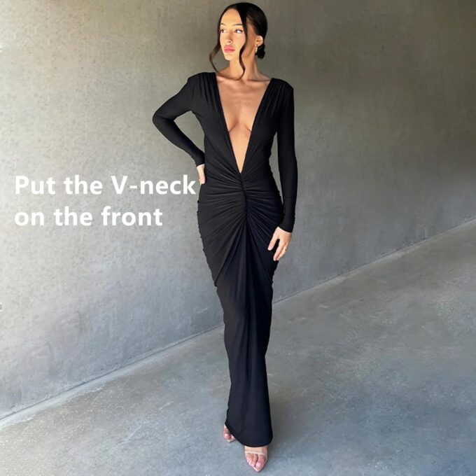 Womens Sexy Long Sleeve Backless Maxi Dress Evening Gown Ruched Bodycon Dress – Bild 3