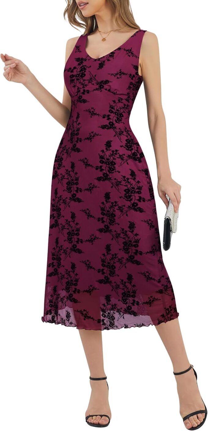 Women's Sexy V Neck Sleeveless Mesh Maxi Dresses Summer Casual Elegant Long Floral Dress Wedding Guest Cocktail Party – Bild 5