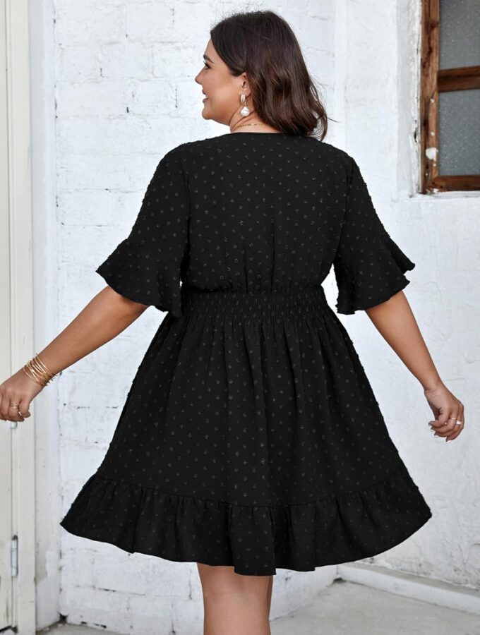 SCOMCHIC Plus Size Casual Summer Dress for Women Swiss Dot Wrap V Neck Ruffle Sleeve Smock Boho Mini Dress – Bild 3