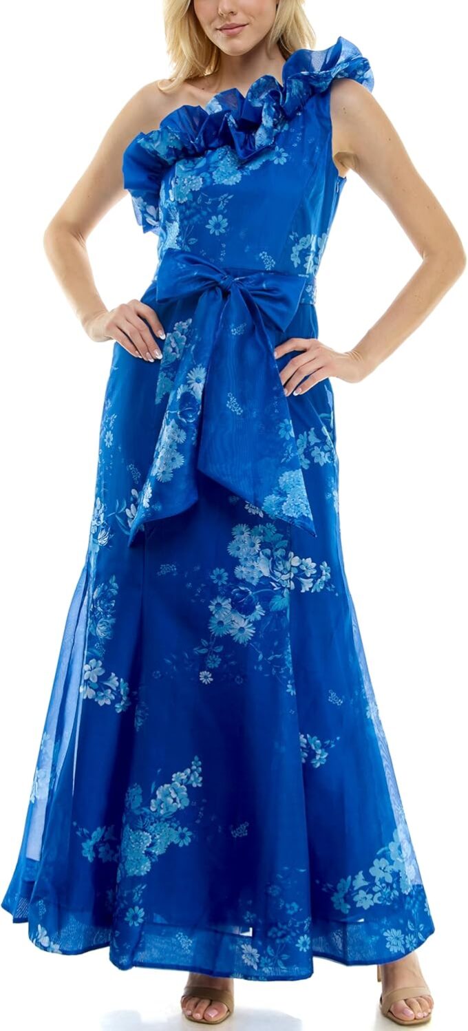 Taylor Women's Sleeveless One Shoulder Ruffle Floral Dress with Front Sash Tie