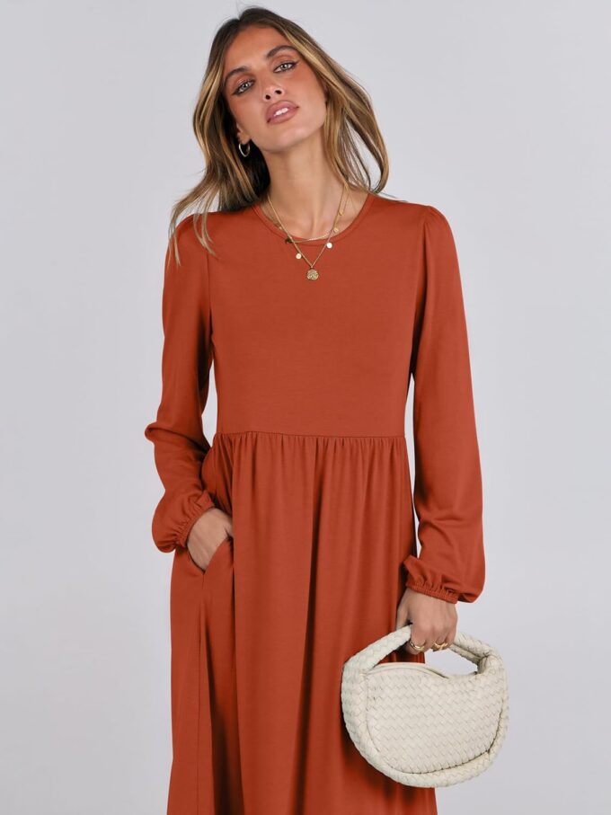 ANRABESS Women's Casual Long Sleeve Midi Dress 2025 Fall Crewneck A Line Tiered Flowy Loose Trendy Dresses with Pockets – Bild 5