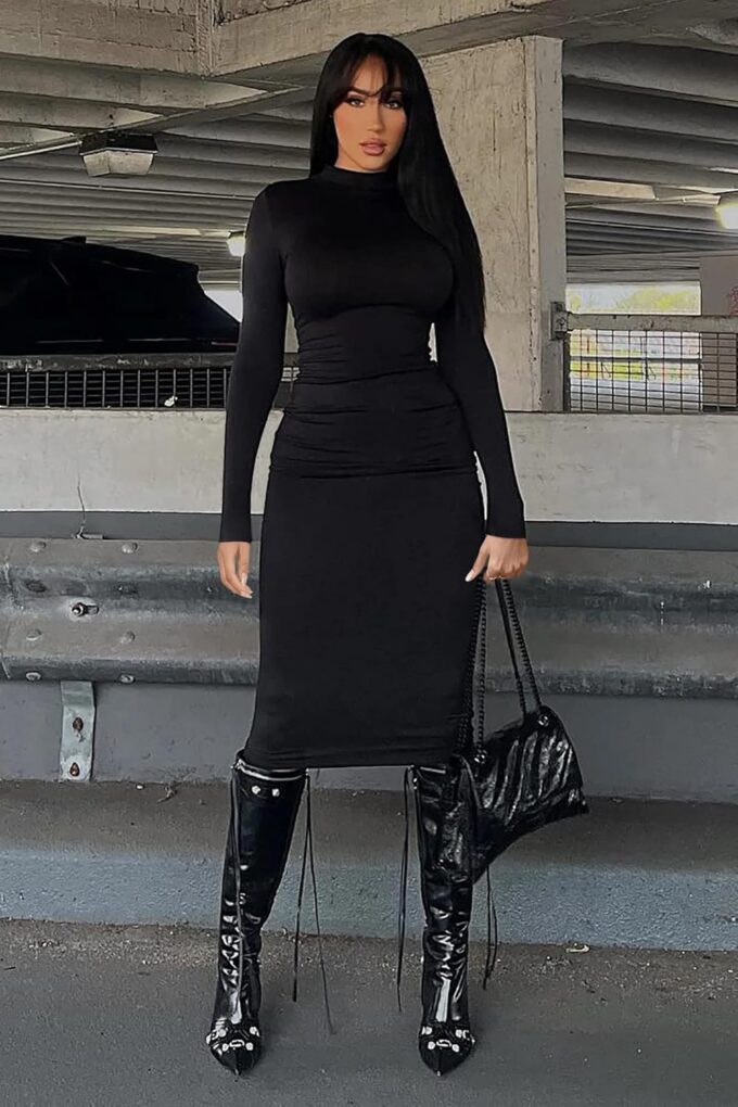 Memoriesea Women's Basic Turtleneck Long Sleeve Ribbed Bodycon Fall Slim Solid Maix Pencil Dress – Bild 6