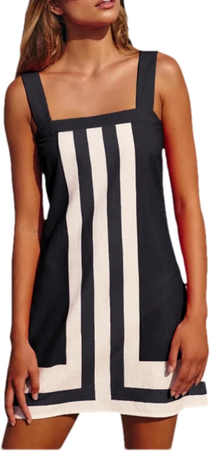 Womens Summer Casual Color Blocked Dresses Striped Mini Dress Sleeveless Strap Beach Sundress Cover Up Dresses