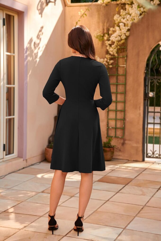 GRACE KARIN Womens Cocktail Dress Faux Wrap V Neck Pleated 3/4 Sleeve Stretchy Midi A Line Wedding Guest Dress – Bild 5