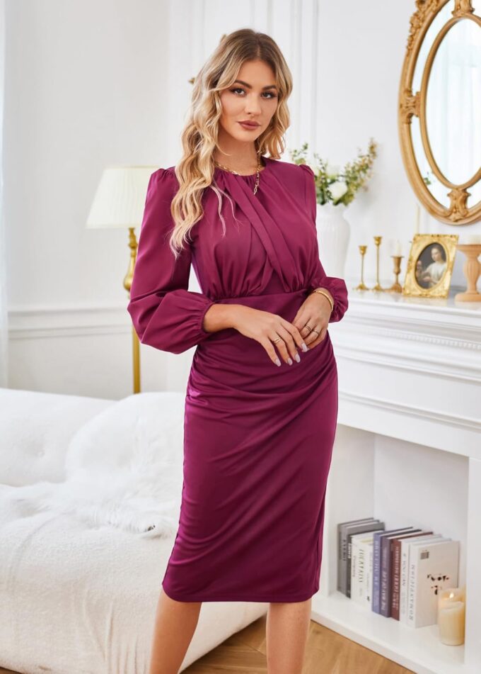 GRACE KARIN Women's Ruched Bodycon Dress Mesh Long Sleeve Front Drape Patchwork Crew Neck Midi Cocktail Dress – Bild 4