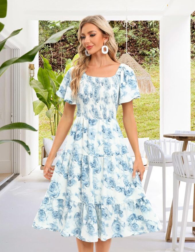 Bbonlinedress Womens Casual Floral Summer Smocked Beach Party Boho Midi Square Neck Dress – Bild 2