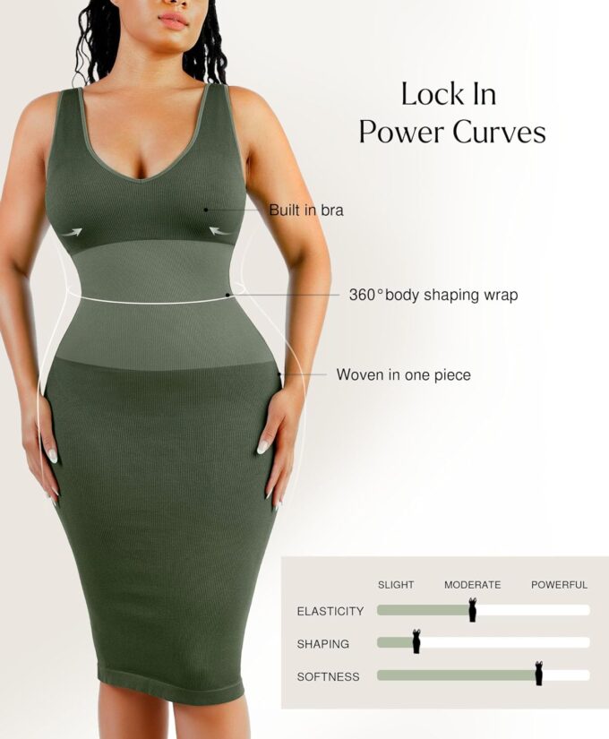 Popilush Tummy Control Dress for Women Shapewear Bodycon Midi Dresses Sleeveless V Neck Summer Party Sundresses – Bild 4