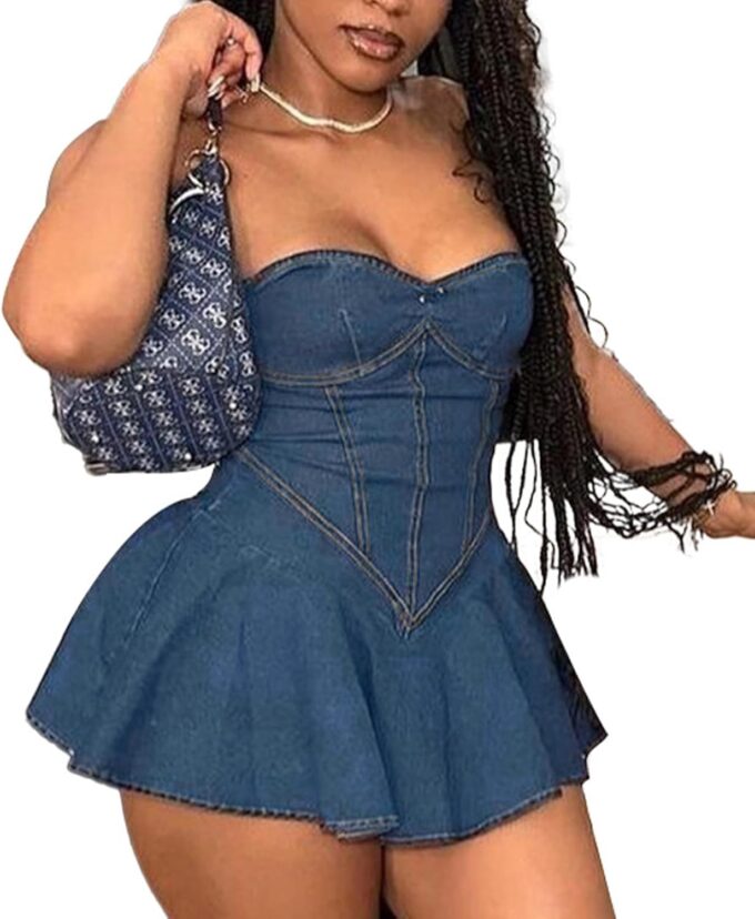 xxxiticat Women's Denim Tube Dress Sleeveless Pleated Skirt Hem Strapless A-Line Flared Off Shoulder Mini Jeans Dresses