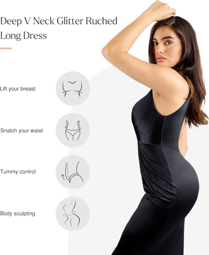 Popilush Shapewear Dress Ruched Bodycon - Deep V Neck Maxi Formal Dresses Built in Shapewear Sleeveless Long Dress – Bild 4