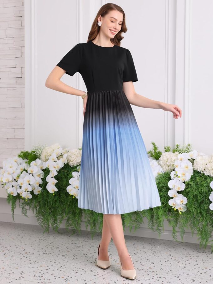 Hobemty Damen Kurzarm Plissee Kleid 2025 Frühling Trendy Büro Arbeit A-Linie Midi Kleider – Bild 3
