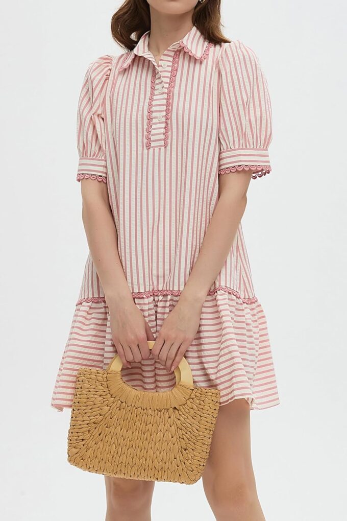 Striped Dress for Women Collared Short Puff Sleeve Ruffle Hem Summer Tunic Flowy Shirt Mini Dress – Bild 7
