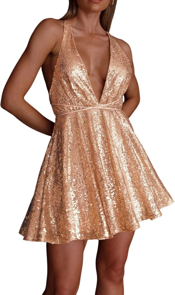 Women's Sequin Mini Dresses Backless Sleeveless Deep V-Neck Spaghetti Straps Sparkly Cocktail Prom Short Dress – Bild 3