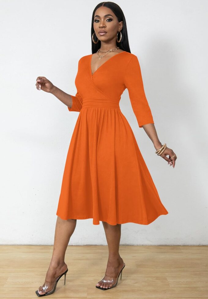 Nmoder Wrap Dress Cocktail Casual Dresses for Women Wedding Guest Fit and Flare V Neck 3/4 Sleeve Midi Dress with Pockets – Bild 2