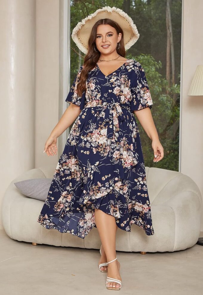 Keluummi Plus Size Summer Wedding Guest Maxi Dress for Curvy Women, V Neck 3/4 Sleeve Empire Waist A Line Floral Long Dress – Bild 2