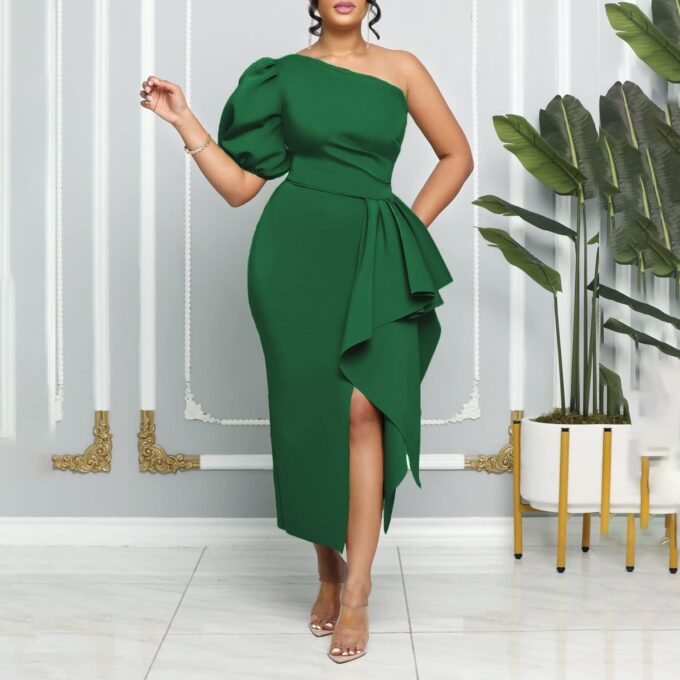 Cololura Women's Sexy Elegant One Shoulder Lantern Sleeve Slit Ruched Maxi Dress Bodycon Formal Cocktail Party Gown – Bild 2