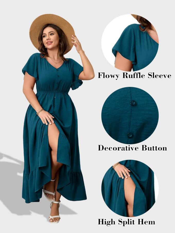 RWJ Women Plus Size Maxi Dress V Neck Short Sleeve Button Trim Split Flowy Tiered Casual Long Dresses 2025 L-3XL – Bild 6
