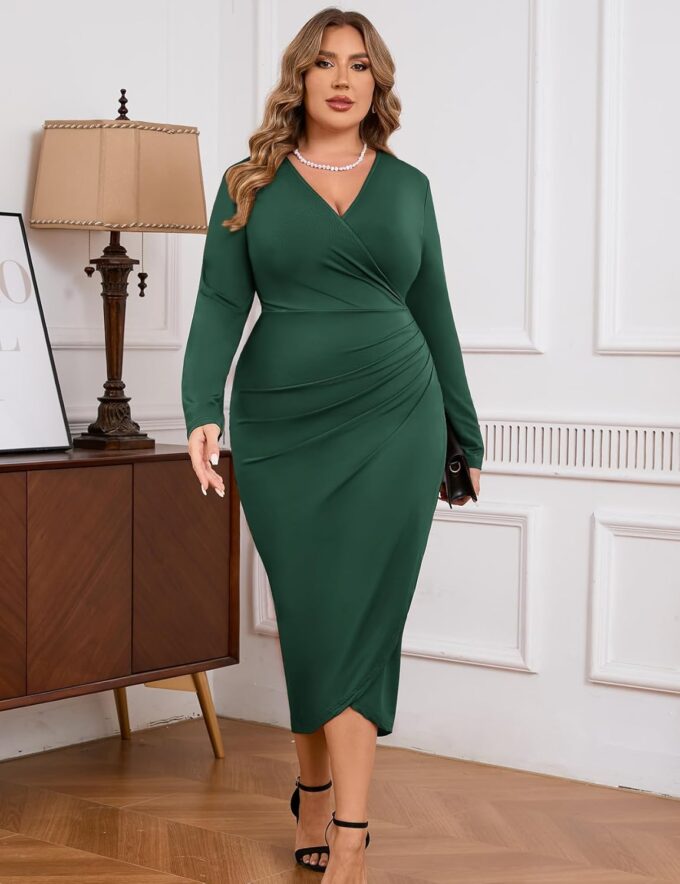 ZOMVA Plus Size Wrap Cocktail Dress V Neck Long Sleeves Midi Dress Fall Winter Wedding Guest Party Bodycon Dress – Bild 5