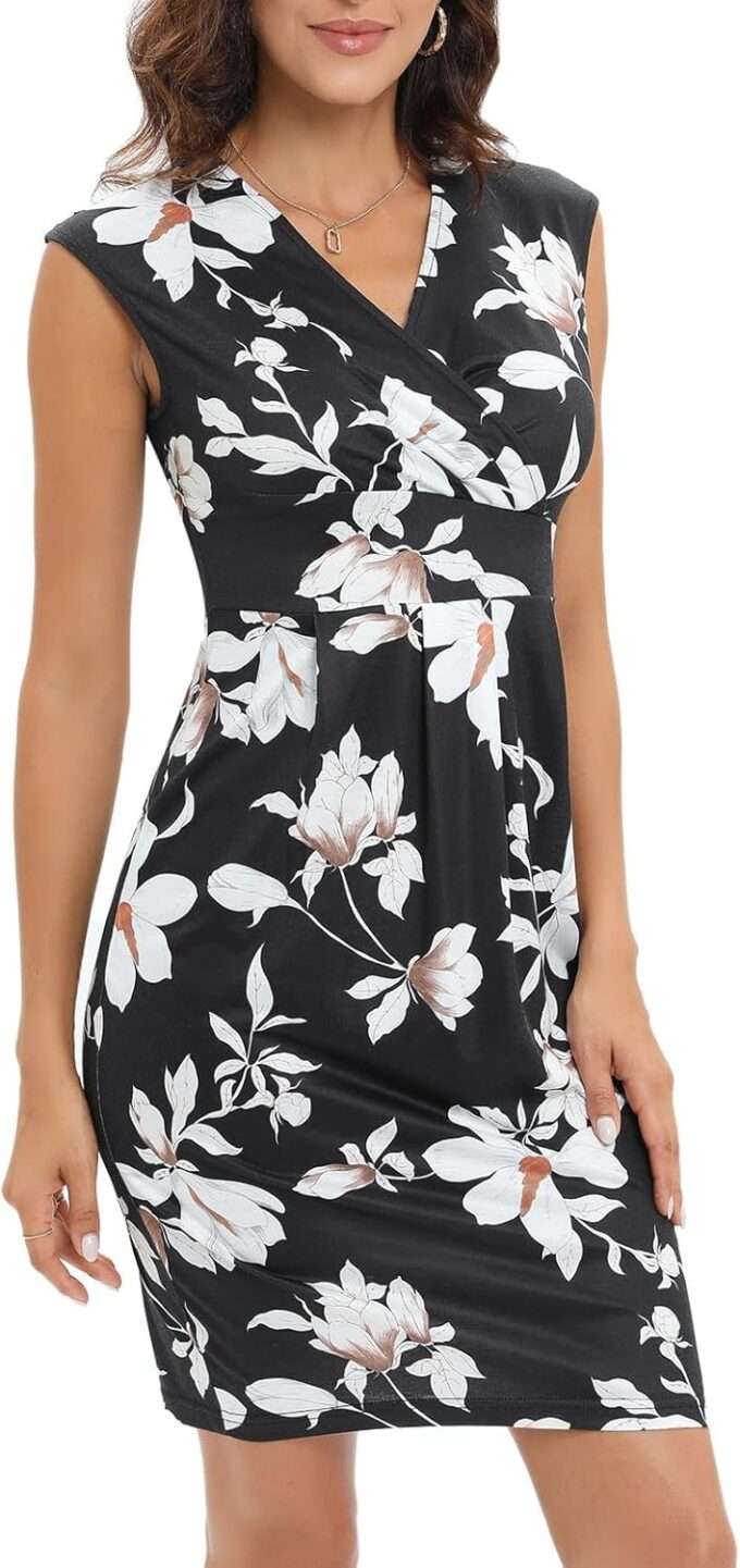 Gabe Fine Damen Vintage V-Ausschnitt Etui Casual Party Arbeit Faux Schwarz Wickelkleid – Bild 4