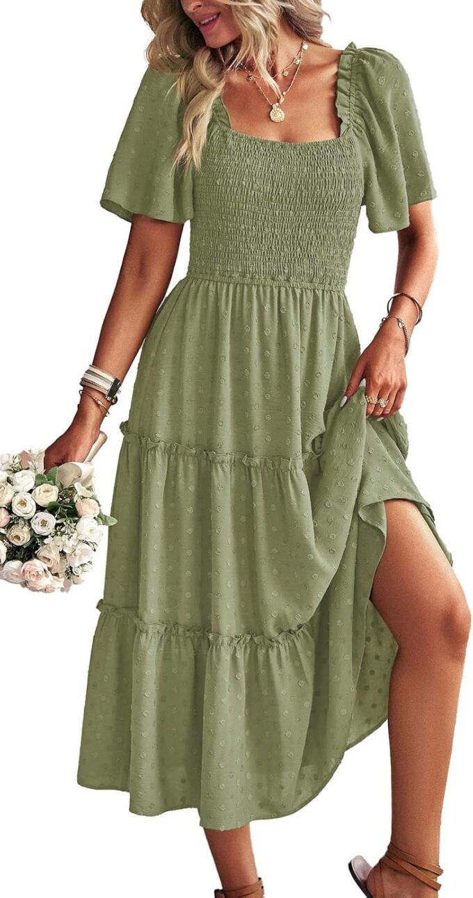 Women's Casual Summer Dress 2025 Square Neck Flutter Sleeve Smocked Tiered Midi Dress Swiss Dot Boho Flowy Dresses – Bild 5