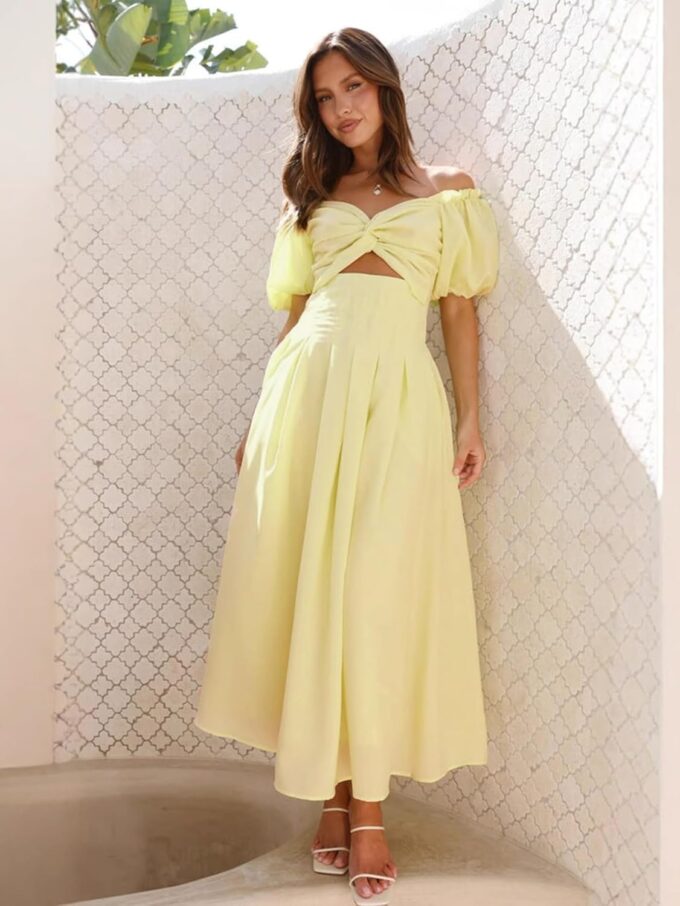 Women's Summer Off The Shoulder Dresses Puff Sleeve Twist Front Cut Out A-Line Dress Casual Maxi Dress with Pockets – Bild 3