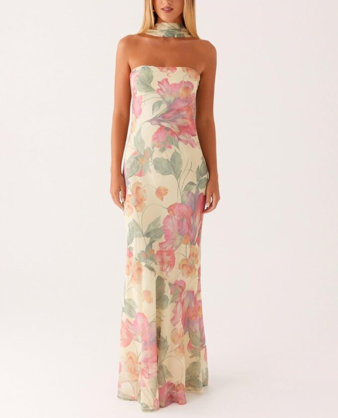 Women Strapless Floral Dress with Sarf Mesh Tube Maxi Dress Summer Cocktail Wedding Guest – Bild 2