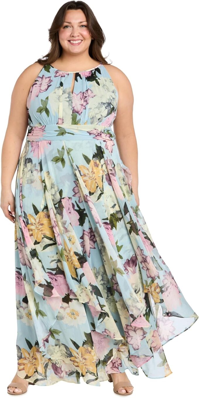 R&M Richards Women's Aqua Bloom Hankie-Hem Maxi Dress – Bild 5