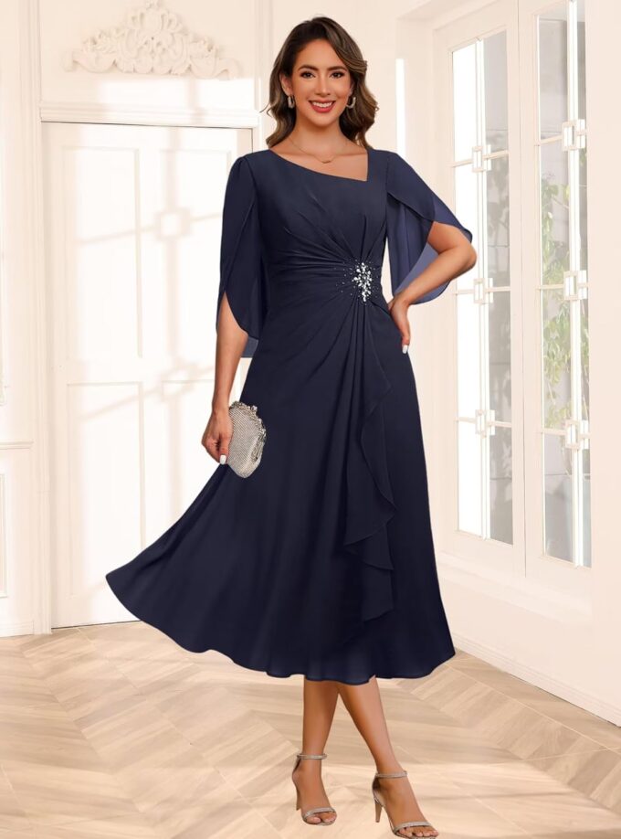 Asymmetrical Neck Mother of The Bride Dresses 2025 for Wedding Chiffon Short Flutter Sleeve Formal Evening Gown PU268 – Bild 5