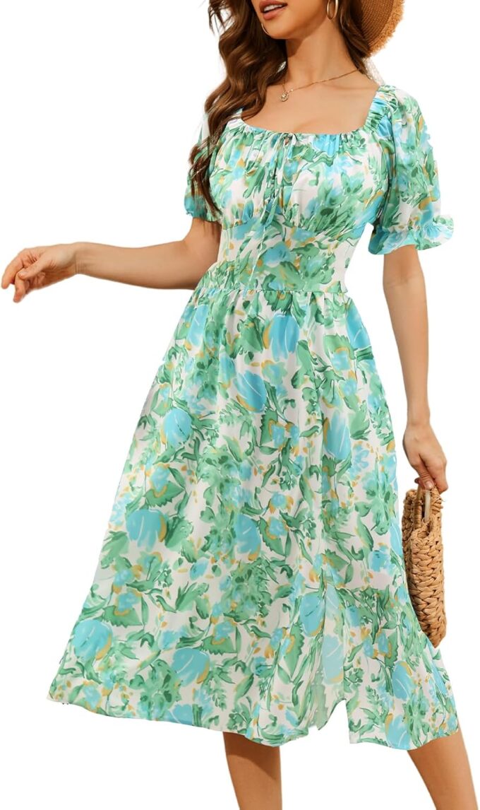 Meetjen Women's Floral Print Summer Beach Dress Midi Casual Short Sleeves Flowy A Line Dresses 2025 Boho Sundresses