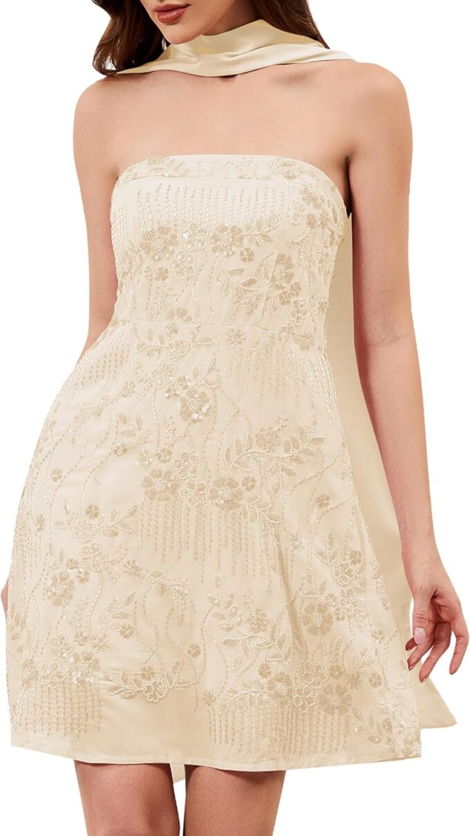 Women Strapless Sequin Mini Dress with Scarf Summer Formal Homecoming Cocktail Tube Floral Short Dress Party Flowy