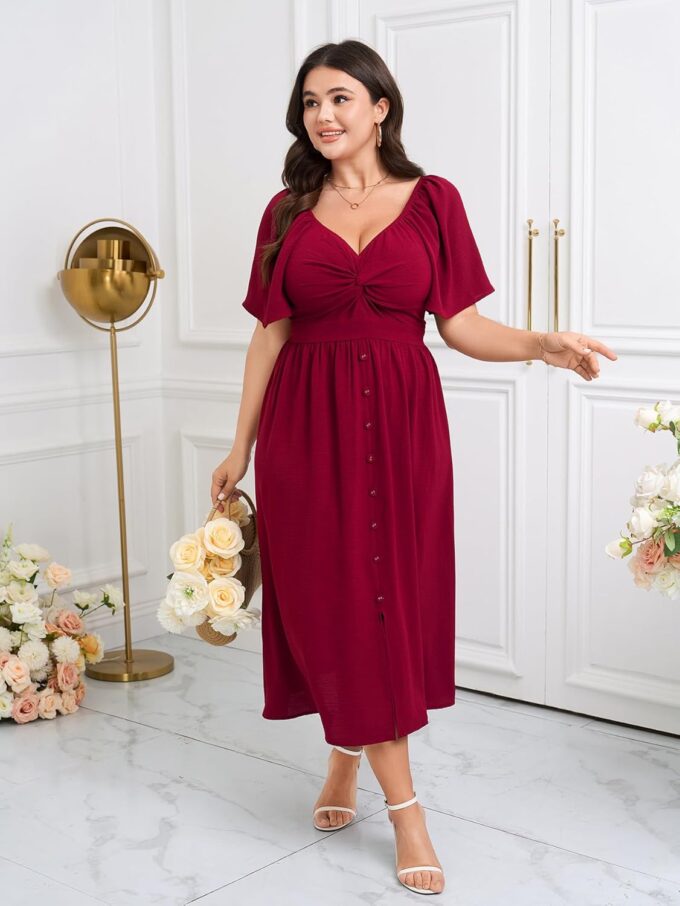 SCOMCHIC Women Plus Size Dresses Short Sleeve Sweetheart Neckline Wedding Guest Cocktail Twist Front A Line Maxi Dress – Bild 3