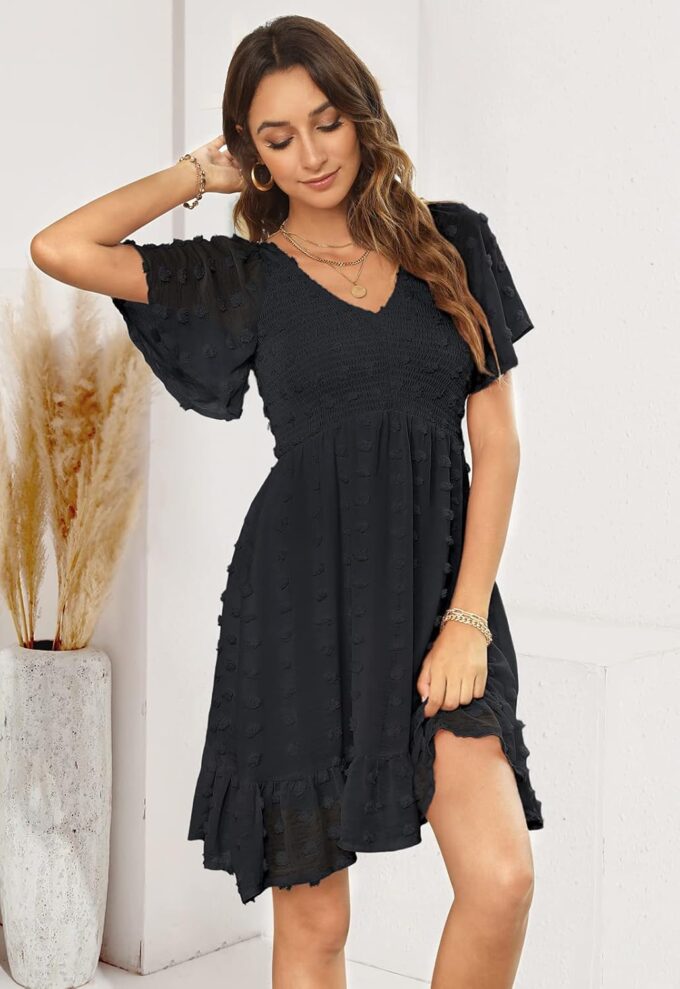 Annebouti Womens 2025 Spring Summer Mini Smocked Swiss Dot Dresses Short Sleeve Babydoll Casual Dress – Bild 2