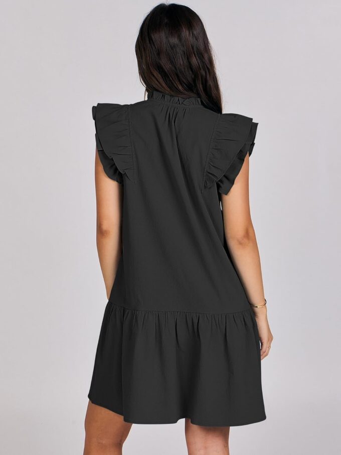 ANRABESS Womens Summer V-Neck Drawstring Ruffle Cap Short Sleeve Casual Shift Mini Dress with Pockets – Bild 5