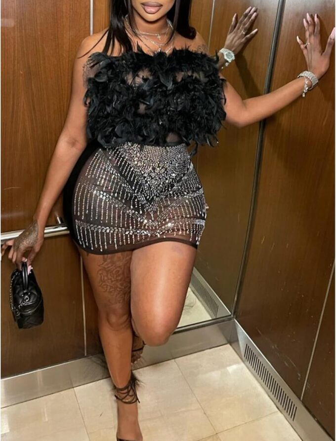 Yuopeid Women's Sexy Mesh Rhinestone Bodycon Mini Dresses Sleeveless Fashion Feather Birthday Party Cocktail Dress – Bild 2