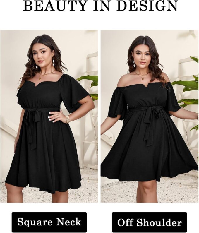 SCOMCHIC Womens Plus Size Cocktail Dress Summer Off Shoulder Short Sleeve Flowy Ruffle A-Line Cute Mini Dress with Belt – Bild 3