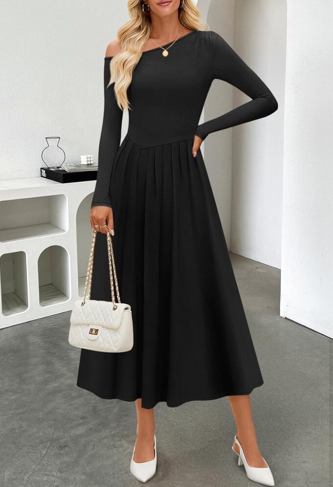 MEROKEETY Women's Fall Long Sleeve Maxi Dresses 2025 Off Shoulder Slim Swing Pleated Formal Dress Pockets – Bild 3