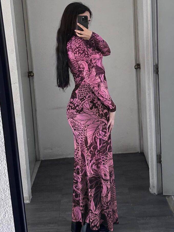 acelyn Women Sexy Mesh Maxi Dress Summer Long Sleeve Printed Ruched Bodycon Long Dress 2025 Y2K Formal Wedding Guest Dresses – Bild 4