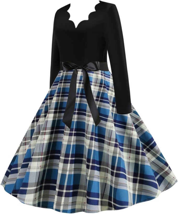 EFOFEI Womens V Neck Hepburn Prom Dress Vintage Plaid Cocktail Party Dress Retro Rockabilly Dress with Belt – Bild 2