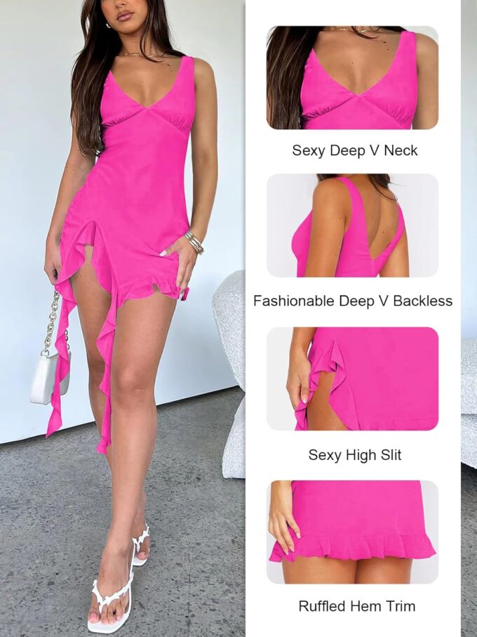 Women Sleeveless Sexy V Neck Bodycon Mini Dress Summer Side Slit Mesh Irregular Ruffle Hem Backless Short Dress Rose Red – Bild 3