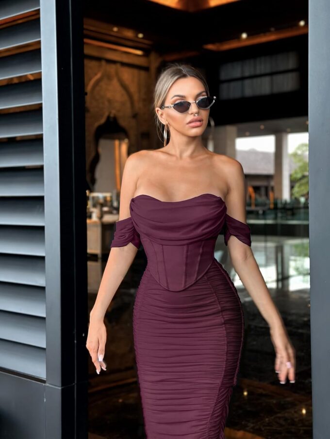 Women's Summer Off The Shoulder with Built-in Bra Sleeveless Corset Ruched Formal Evening Bodycon Midi Dress – Bild 5