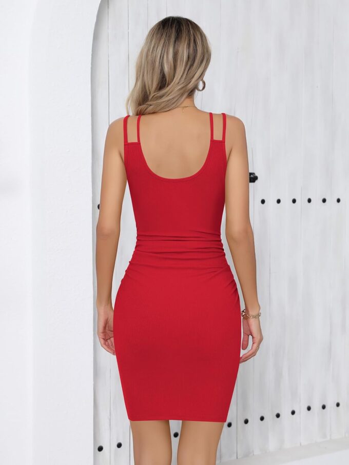 Missufe Women's V Neck Sleeveless Ruched Bodycon Sundress Summer Casual Mini Cami Dress – Bild 2