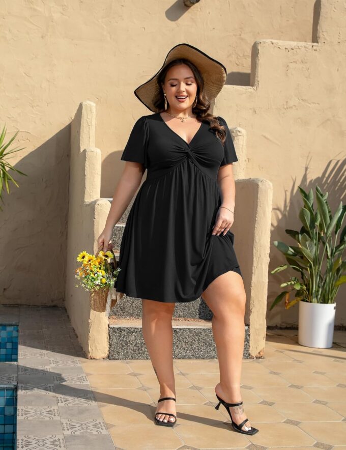 Womens Plus Size Summer Dress Casual Short Sleeves Deep V Neck Twist Knot Front Flowy Dress with Pockets – Bild 8