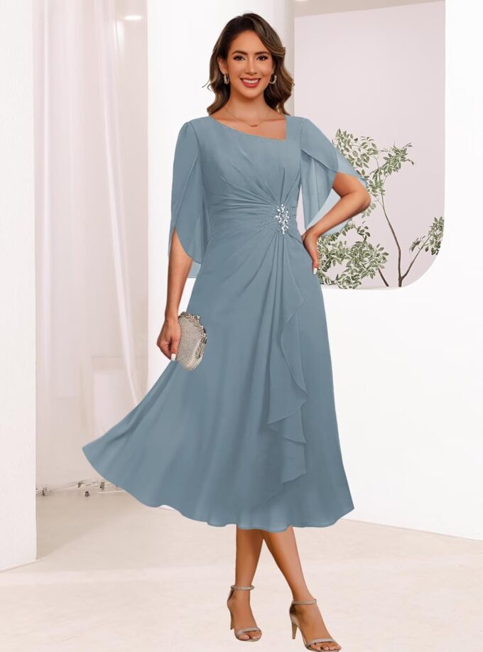Asymmetrical Neck Mother of The Bride Dresses 2025 for Wedding Chiffon Short Flutter Sleeve Formal Evening Gown PU268 – Bild 6