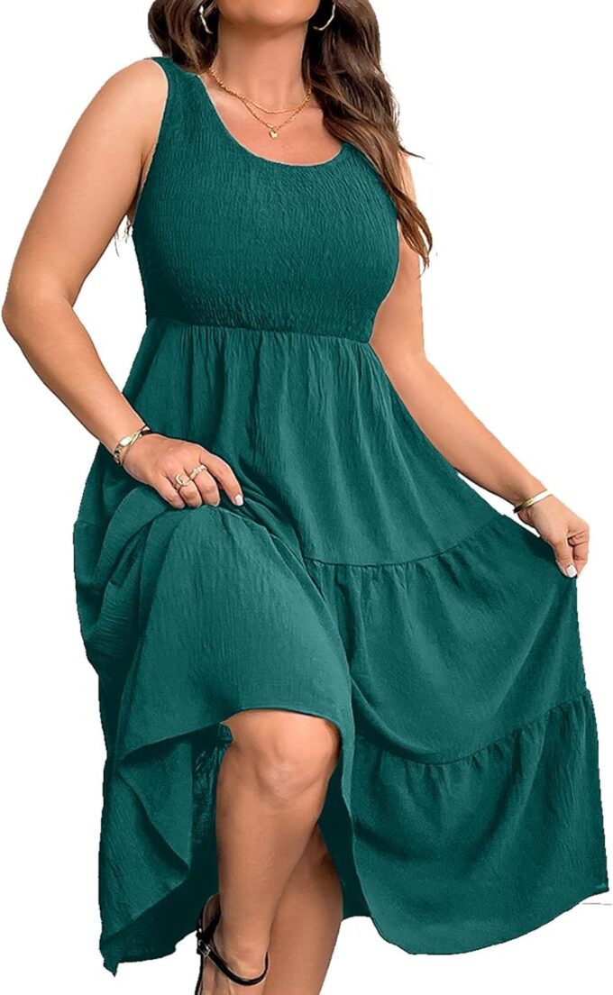 RWJ Plus Size Summer Sleeveless Tank Dress for Women 2025 Smocked Casual Loose Sundress Flowy Beach Tiered Long Midi Dresses