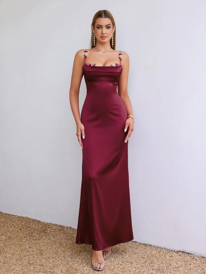Women's Satin Bodycon Maxi Dress Floral Spaghetti Strap Sweetheart Neckline Formal Wedding Guest Party Dresses – Bild 4