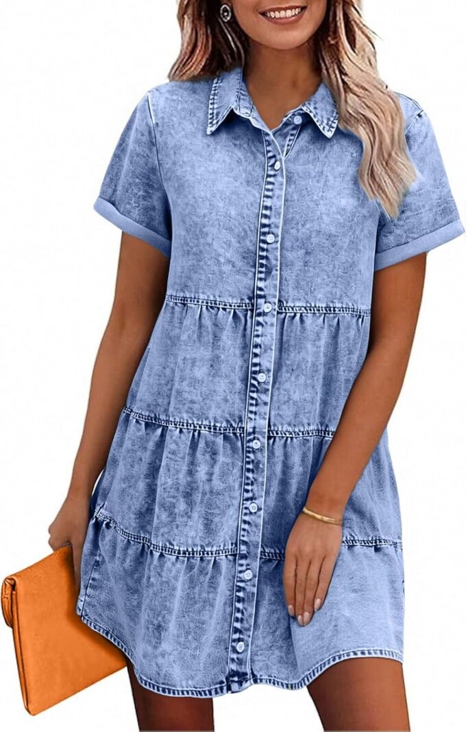 Denim Dress for Women Button Down Short Sleeves Casual Summer Jean Shirt Babydoll Denim Dress