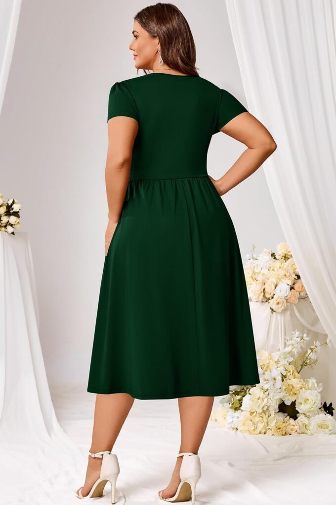 Nmoder Women Plus Size Dress Short Sleeve A-Line Summer Midi Dress Pleated V Neck Church Cocktail Semi Formal Dress – Bild 5