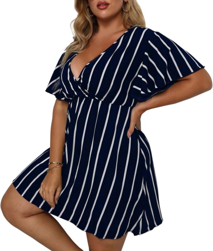 SHEJIZE Women's Plus Size Wrap Dress Plus Size Summer Dresses Short Sleeve V Neck Striped Mini Dress – Bild 4