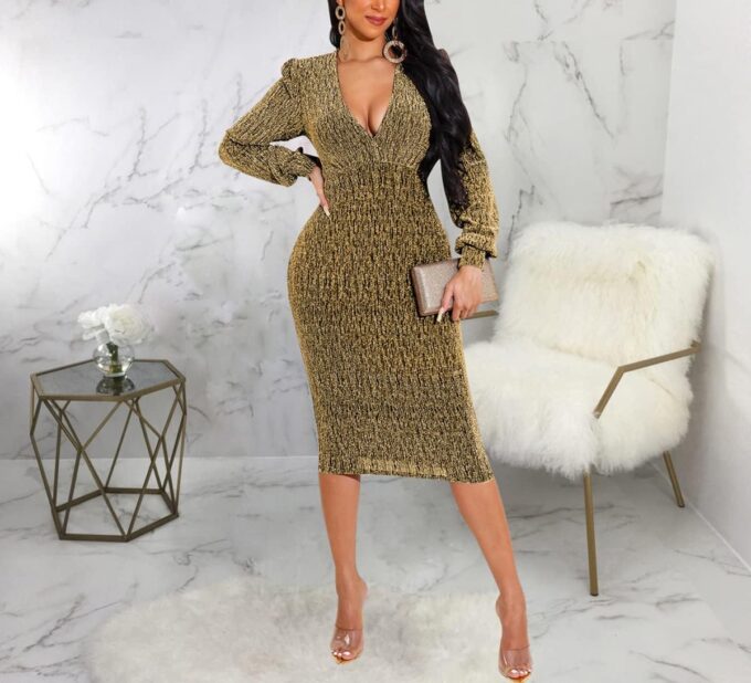 Women's Elegant Bodycon Long Dresses Deep V Neck Long Sleeves Club Night Party Midi Dress – Bild 6